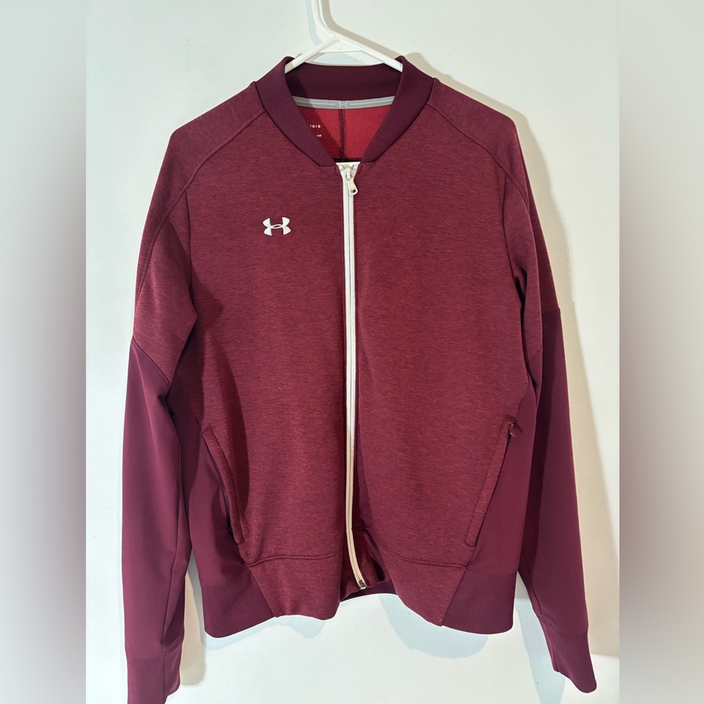 Under Armour Women Large Burgundy White Zip Up Track Jacket Thin Casual Athletic